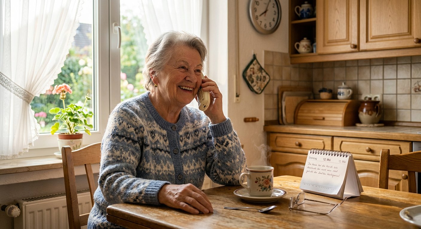 Alleinstehender Senior bekommt täglichen KI-Sicherheitsanruf für Struktur im Alltag