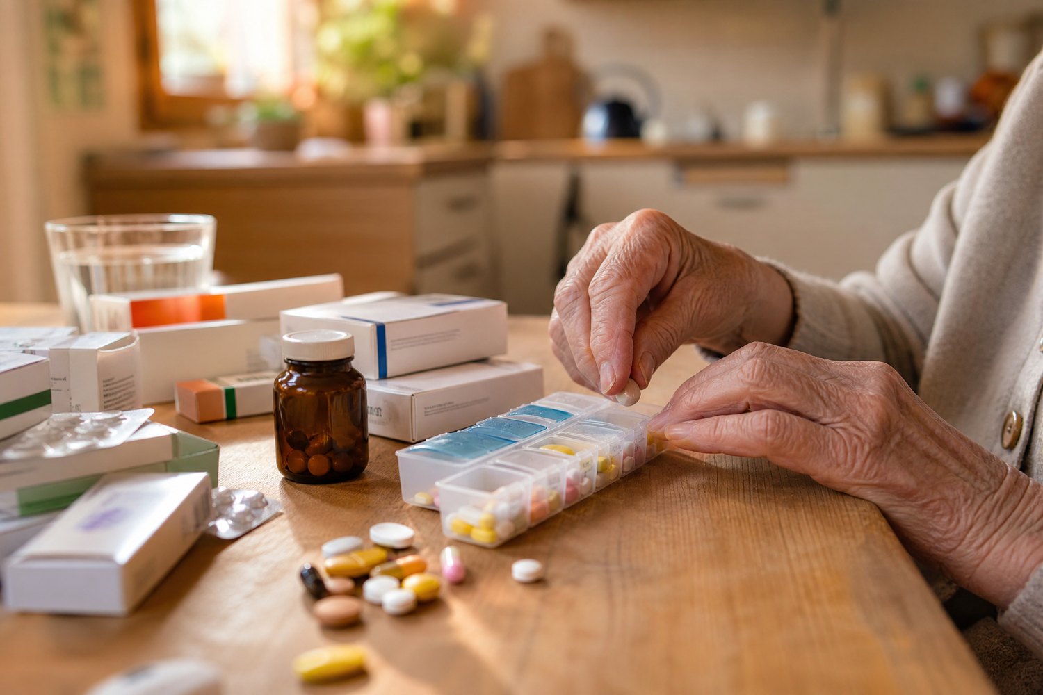 Seniorin sortiert ihre Tabletten in eine Wochen-Dosierbox